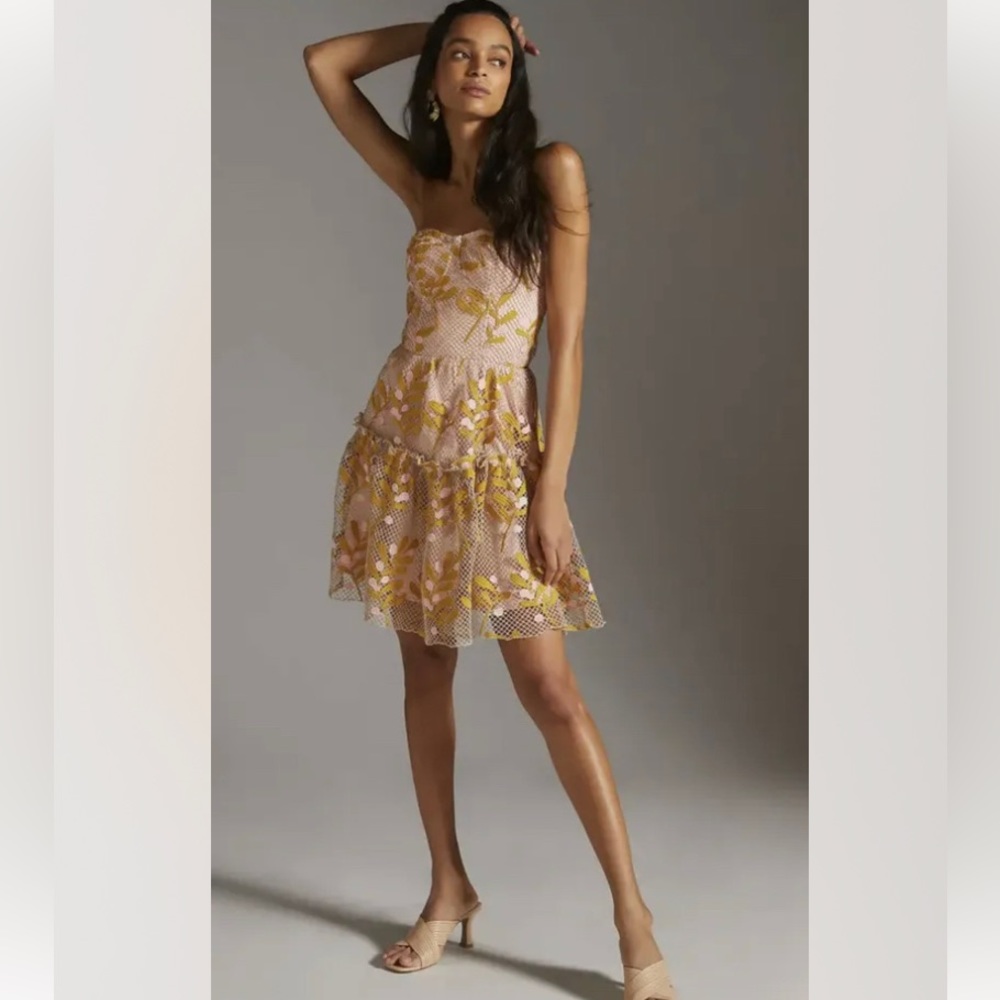 NWT $230 ANTHROPOLOGIE EVA FRANCO FLORAL LACE MINI DRESS size 4 Pink Gold Yellow